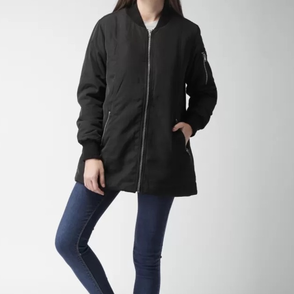 Forever 21 Womens Black Long Full Zip Bomber Jacket Size S